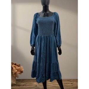 Terra & Sky Blue Smocked Midi Dress Women's 2X Long Sleeve Tiered